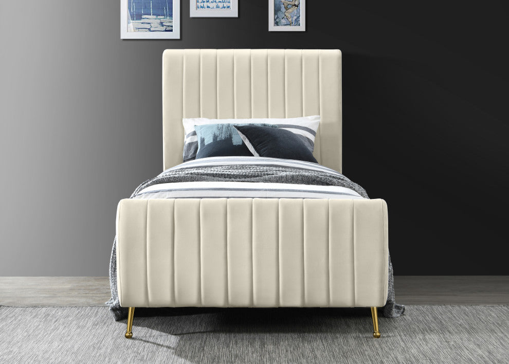 Zara Channel Tufted Velvet Upholstered Bed With Custom Gold Legs, Cream, Twin