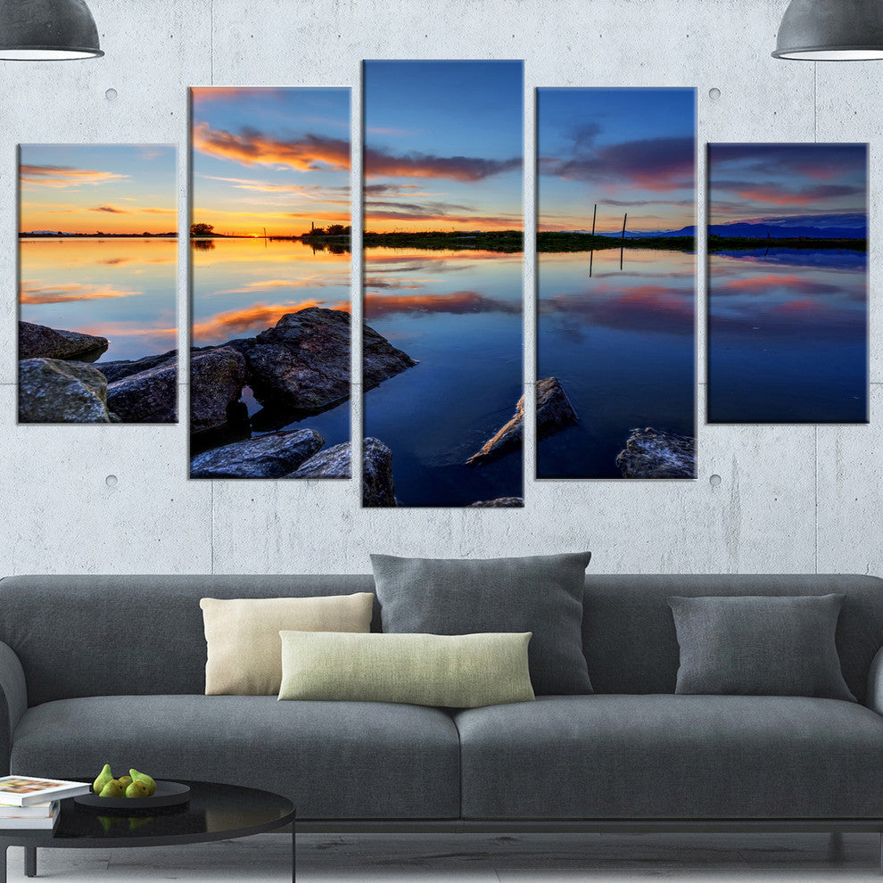 Beautiful Calm Water and Sunset, Blue, Landscape Canvas Art, 60"x32", 5 Panels