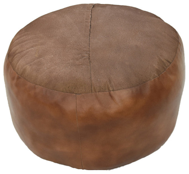 Pouf-Solid Handmade Leather Pouf (Recycled Foam with Fiber Fill), Light Brown, {Round]21x21x12