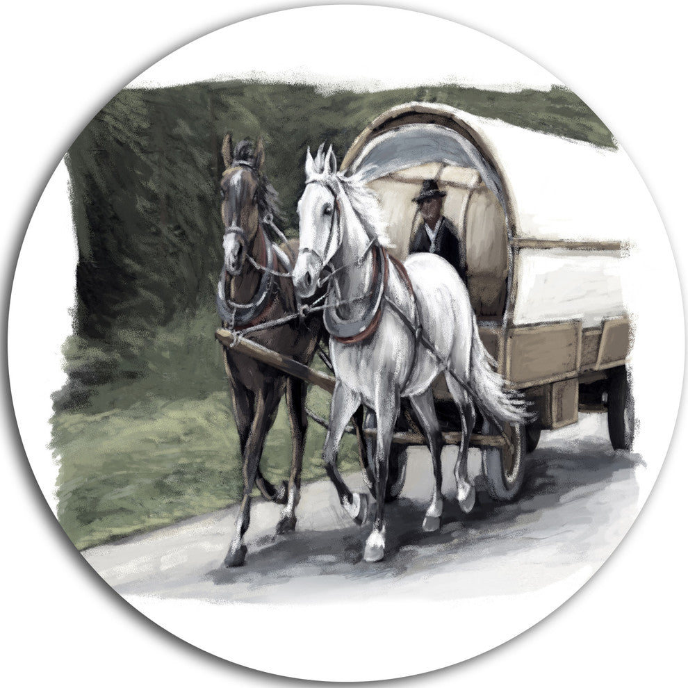 Horse Cart Black And White, Animal Painting Round Wall Art, 23"