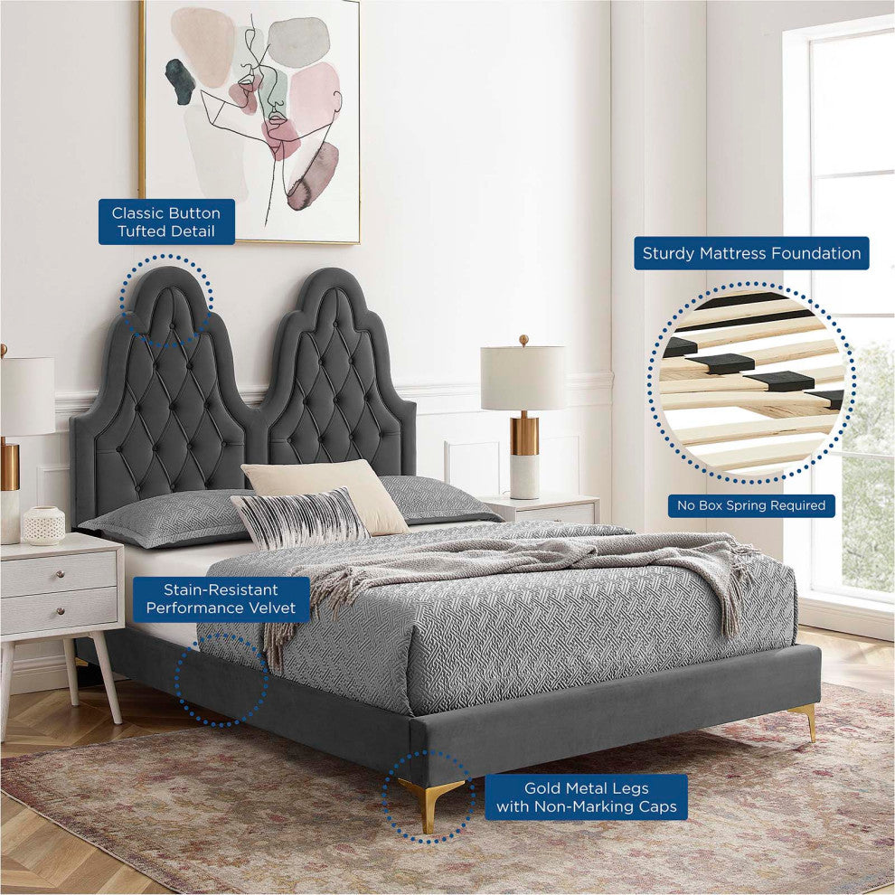 Tufted Platform Bed Frame, Queen Size, Velvet, Gray, Modern Contemporary