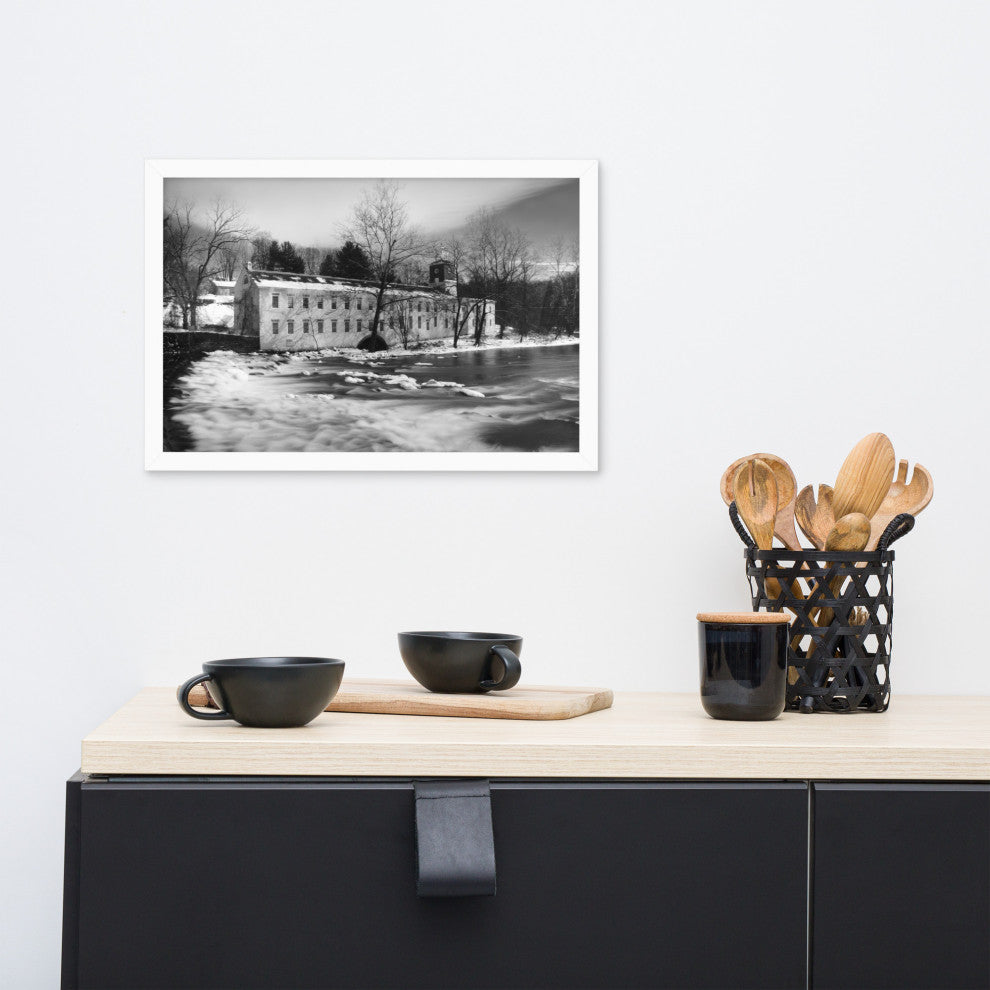 Winter at Powder Mill Rural Landscape Framed Photo Paper Wall Art Prints, White, 12" X 18"