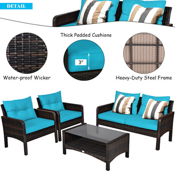 Costway 4PCS Patio Rattan Furniture Set Loveseat Sofa Table Turquoise Cushion