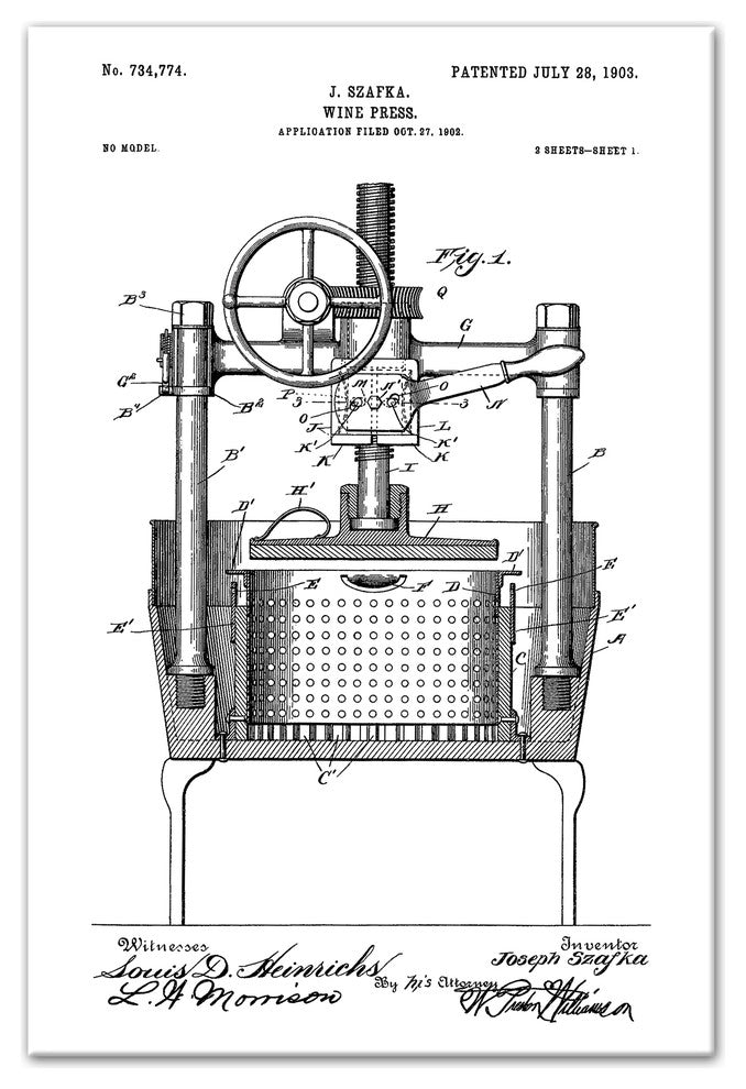 Vintage Wine Press Patent 20x30 Print on Canvas