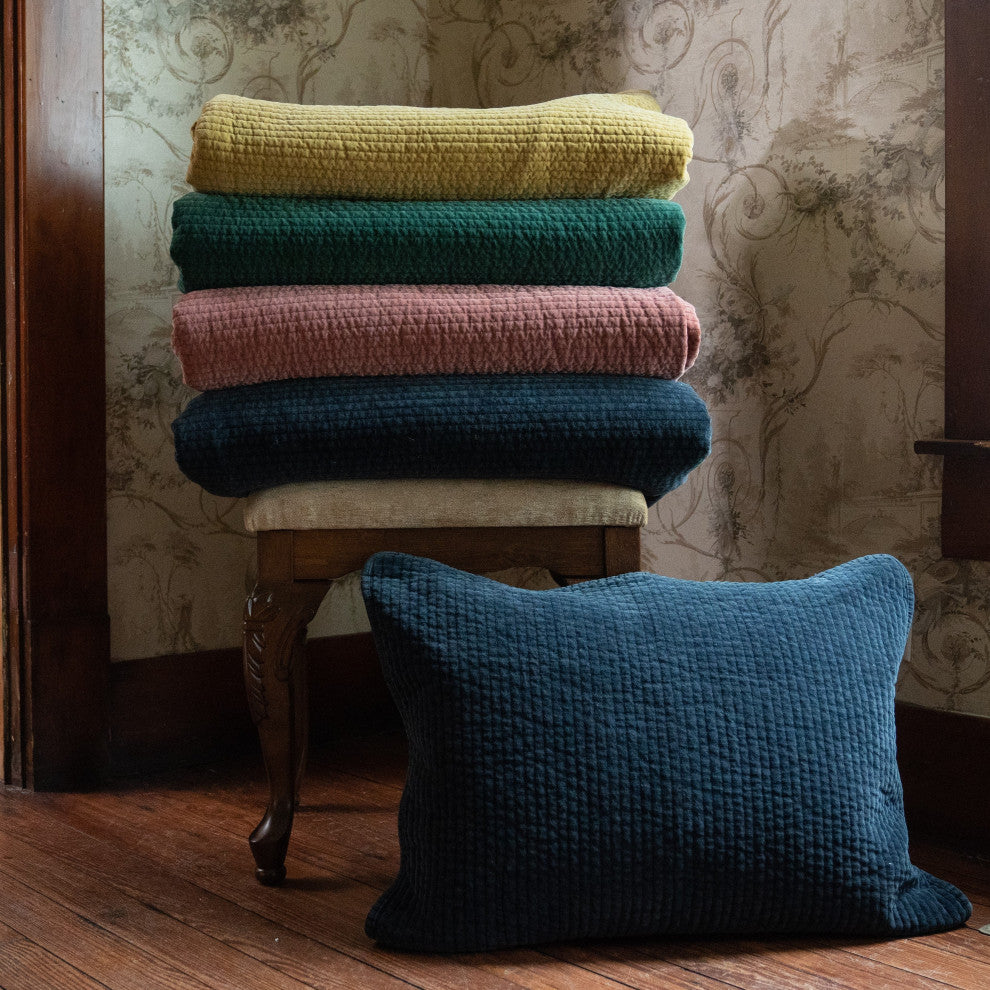 Stonewashed Cotton Velvet Quilt Set, King, Navy, 3 Piece