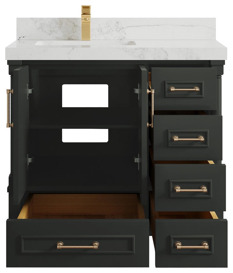 Aberdeen 36 Left Offset Bath Vanity in Black Top 2" Calacatta Nuvo