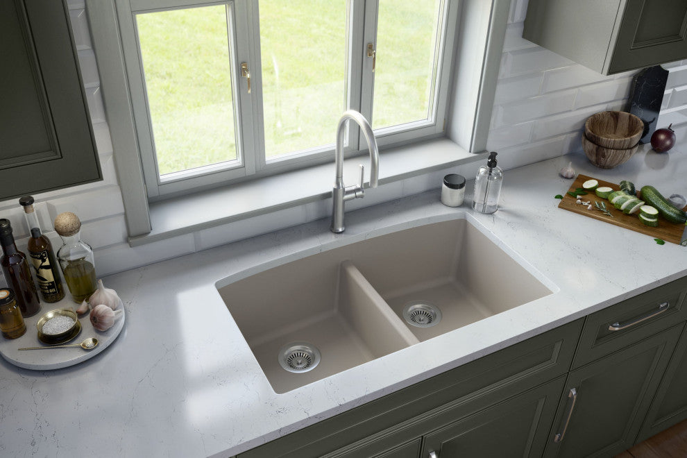 Karran Undermount Quartz 32" 50/50 Double Bowl Kitchen Sink Kit, Concrete