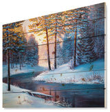 Designart River Sunset Winter Forest Landscapes Wood Wall Art 46x36