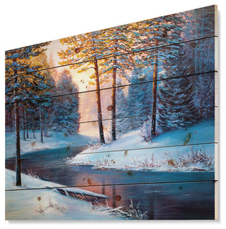 Designart River Sunset Winter Forest Landscapes Wood Wall Art 46x36