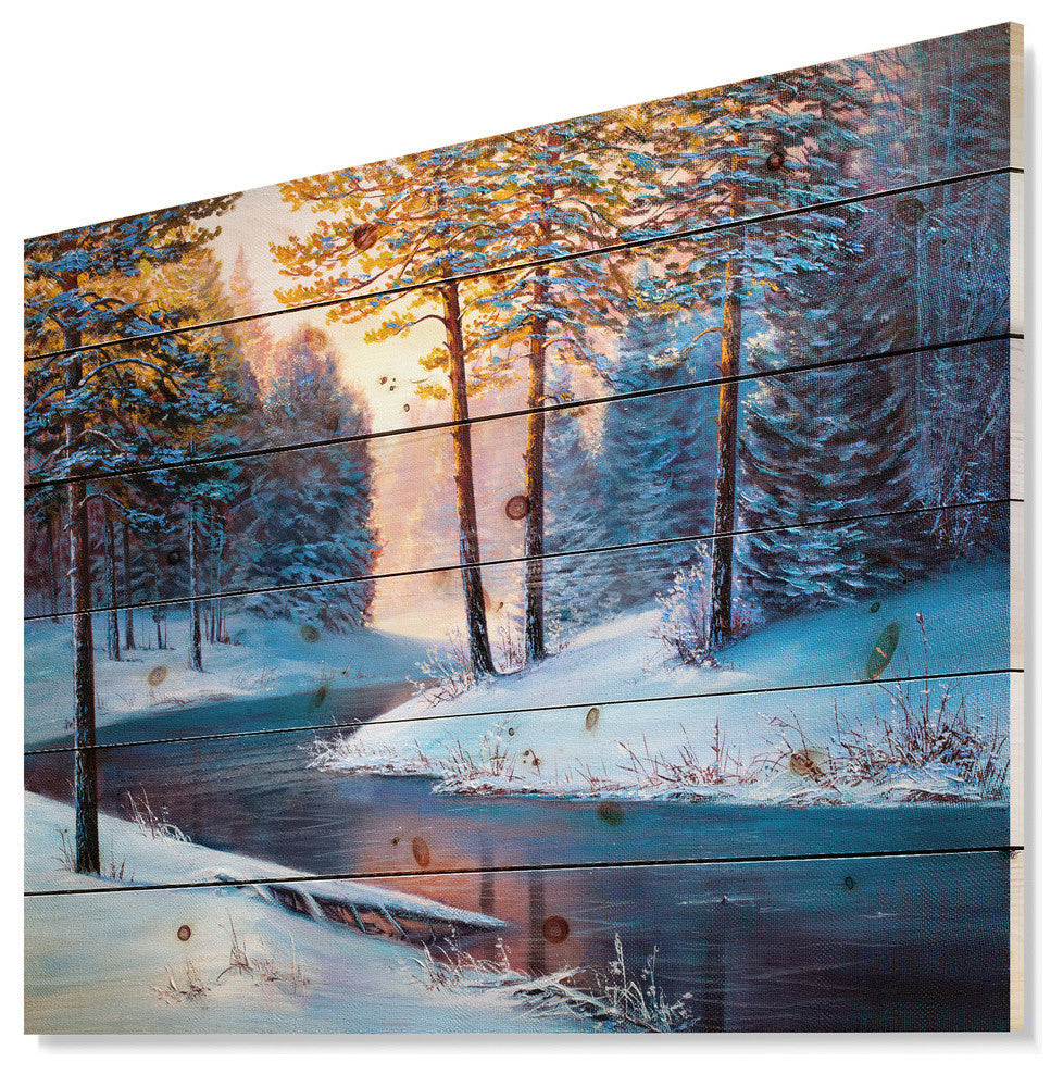 Designart River Sunset Winter Forest Landscapes Wood Wall Art 46x36