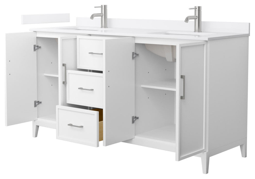 Elan 66" Double Vanity, White, White Quartz Top, 1-Hole, Nickel Trim