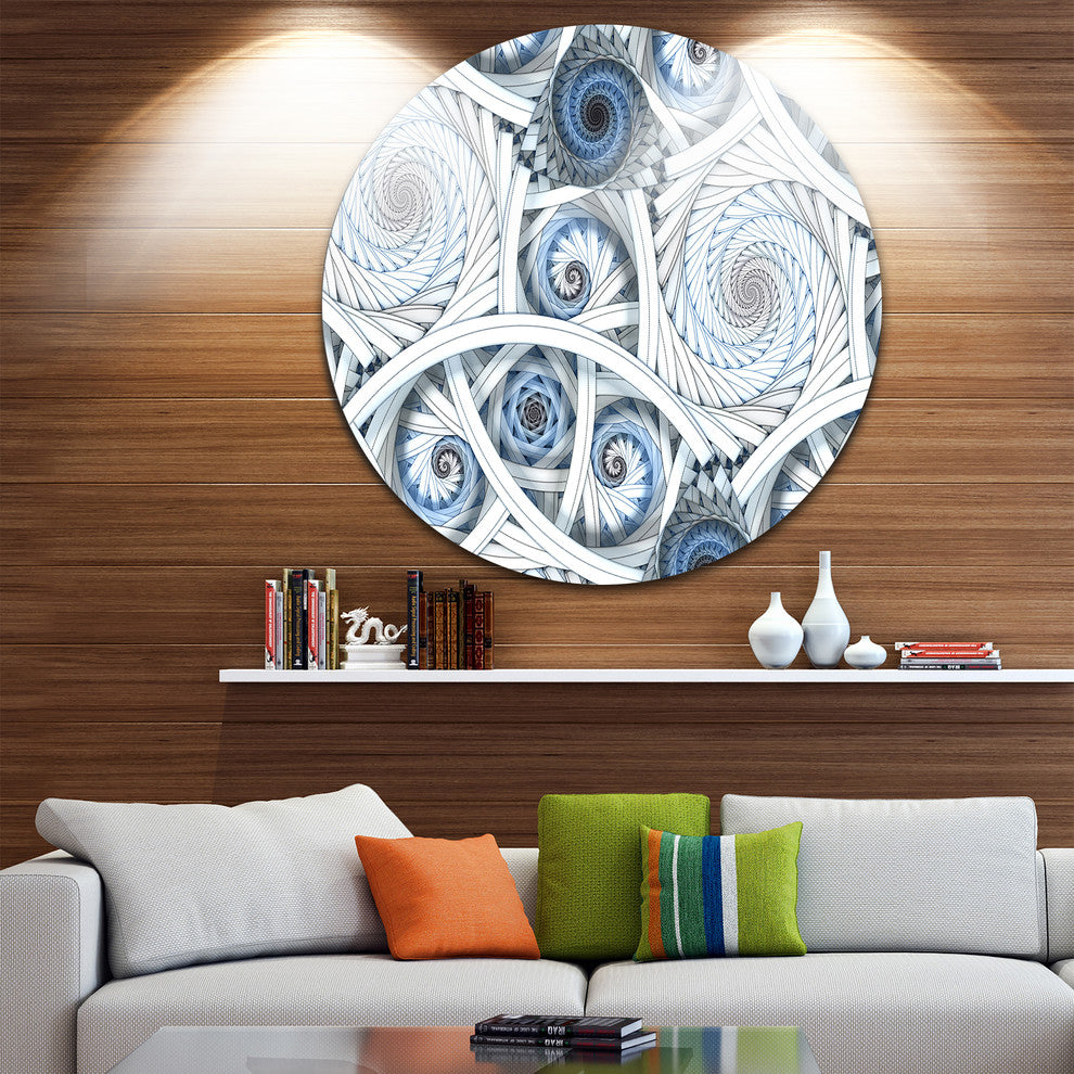 White Spiral With Blue Fractal Art, Abstract Disc Metal Wall Art, 11"
