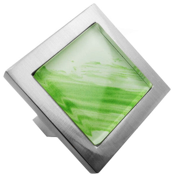 Hand Brushed Green Tilted Stroke Crystal Glass Brushed Nickel Square Manor Knob