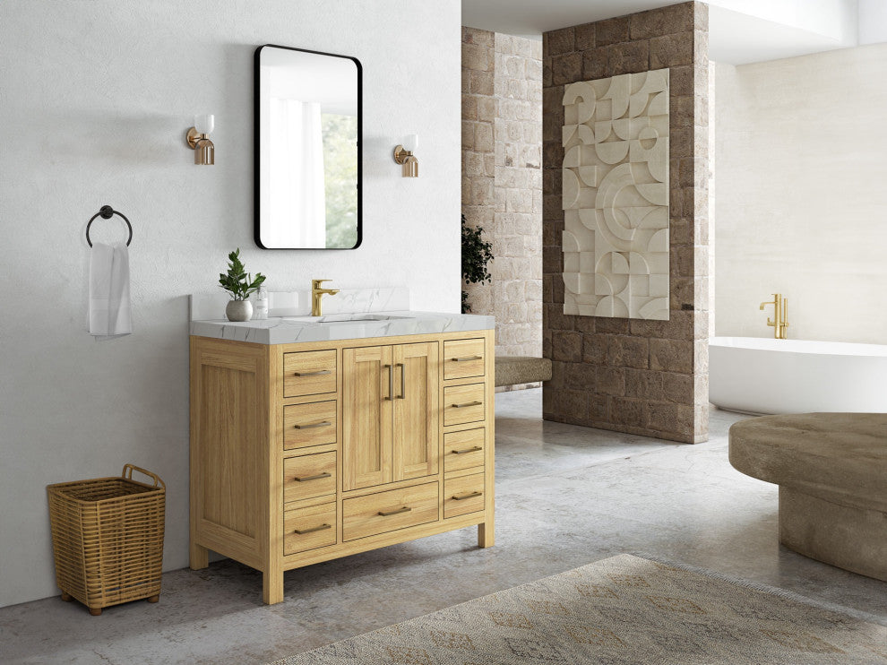 Malibu Teak 42" Single Sink Bath Vanity in Light Natural  2" Viola Gold