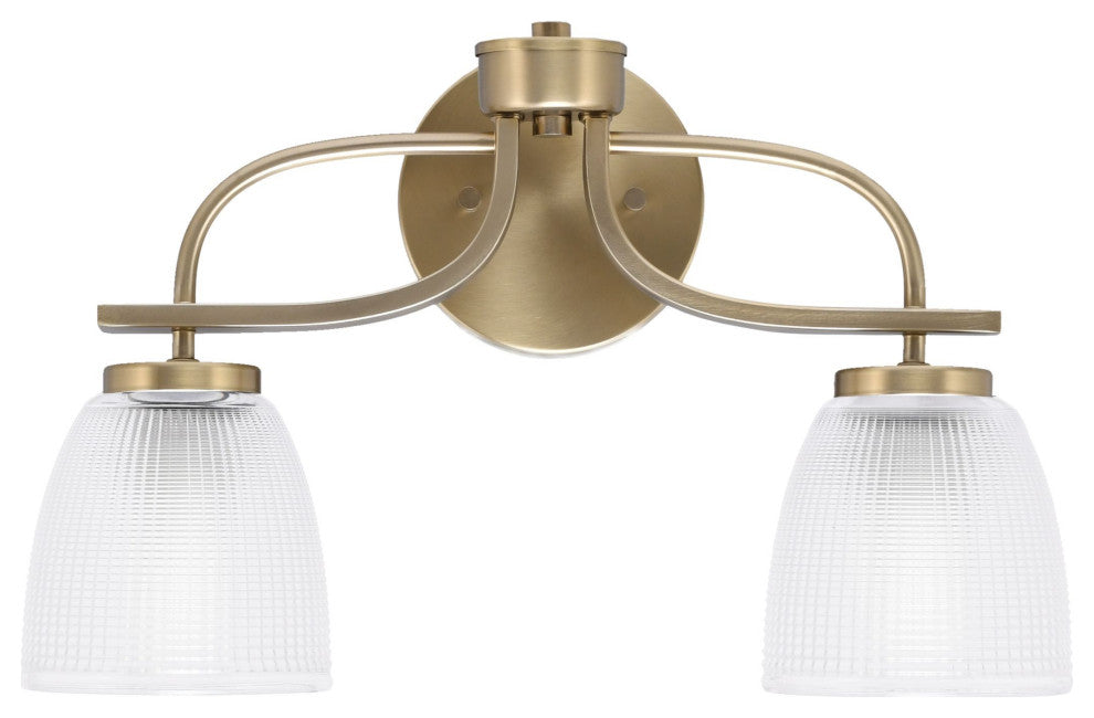 Cavella 2-Light Bath Bar, New Age Brass, 5" Clear Ribbed Glass