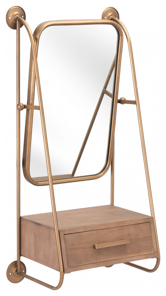Gold Mirror Shelf With Birch Drawer