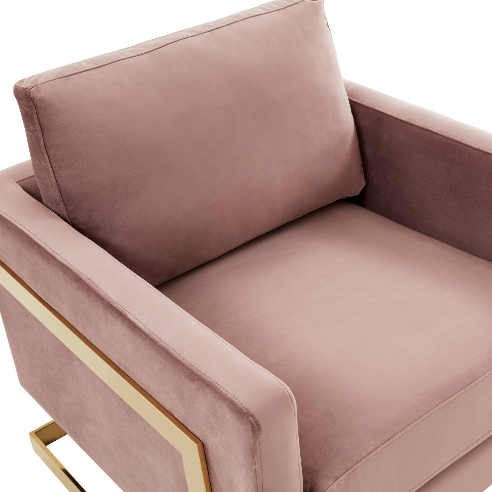 LeisureMod Lincoln Velvet Accent Armchair With Gold Frame, Pink
