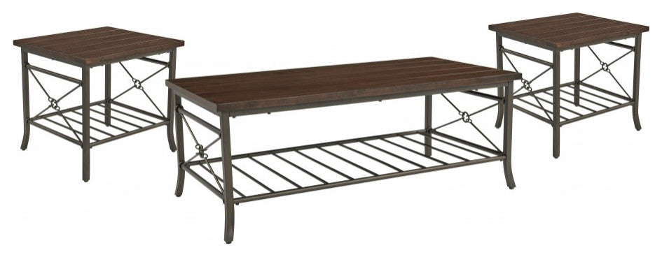 Brown Wood and Metal Coffee Table and End Tables Three Piece Set