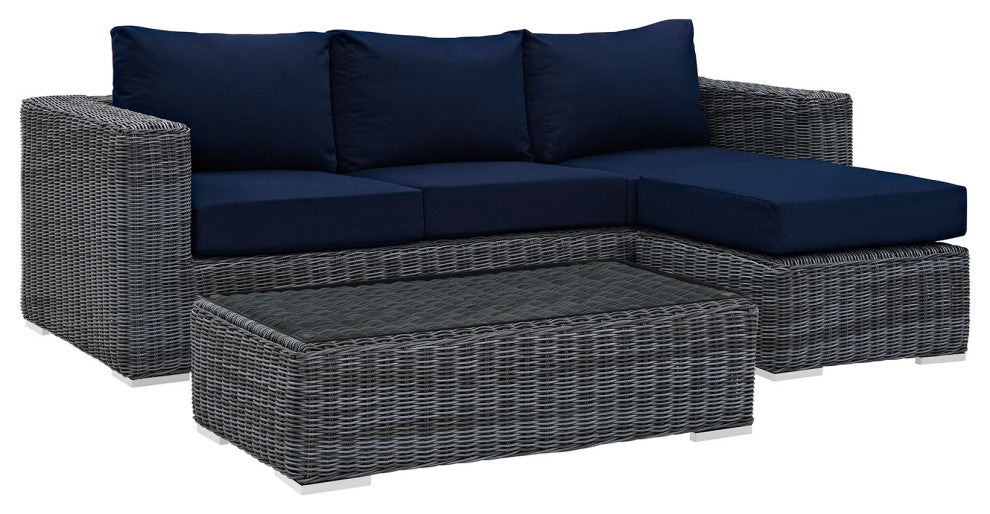 Modway Summon 3 Piece Outdoor Patio Sunbrella Sectional Set, Canvas Navy
