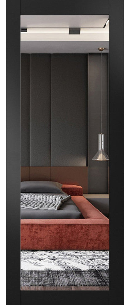 Slab Barn Door 18 x 96, Lucia 1299 Matte Black & Mirror, Sliding