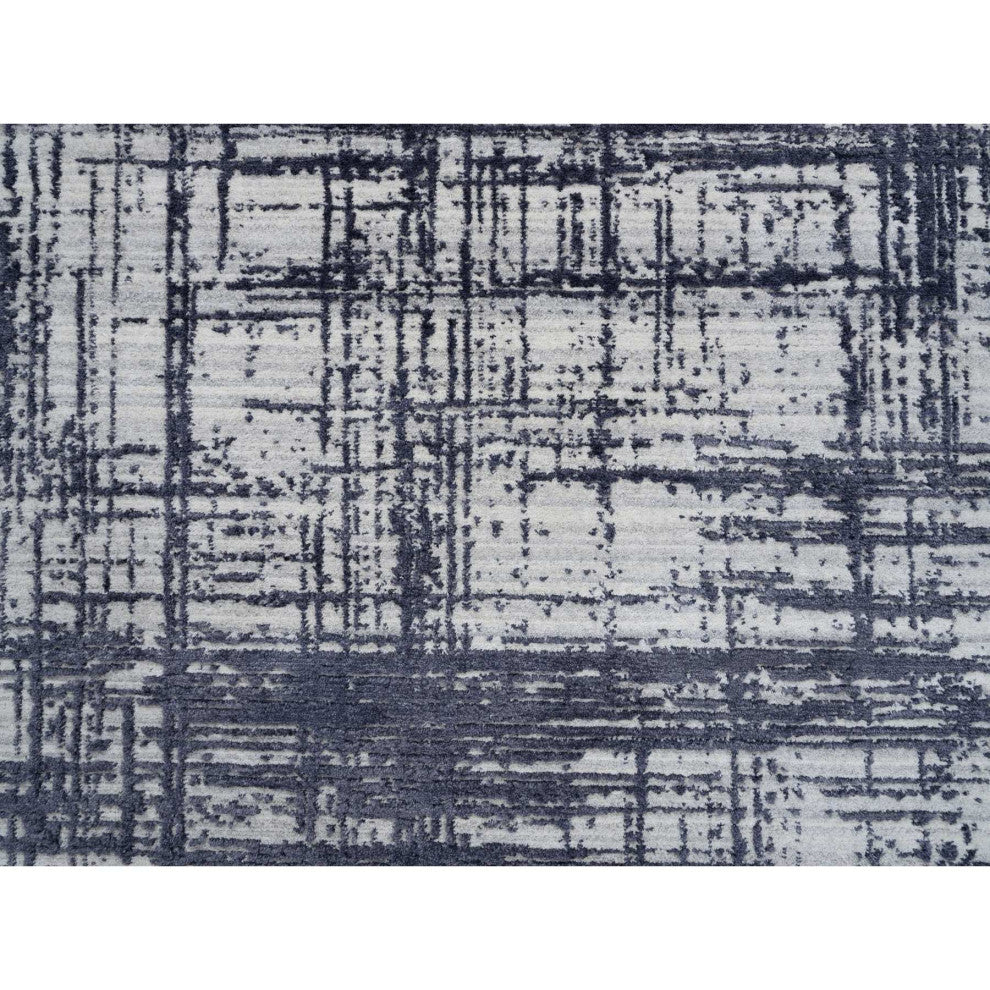 Black Hand Loomed Modern Erased Lines Design Wool and Silk Rug 7'10" x 10'0"