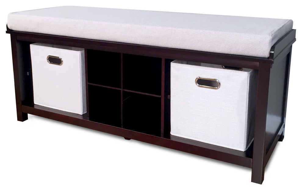 Solid Wood Entry Bench with 2 Bins and 1 Shoe Divider, Espresso