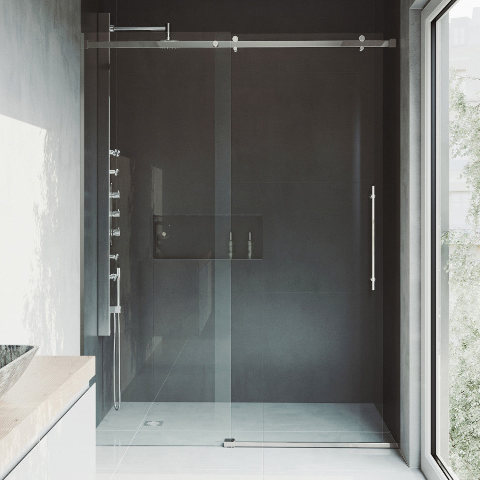 VIGO Luca 56" to 60" W x 79" H Frameless Sliding Shower Door, Stainless Steel, Clear Glass