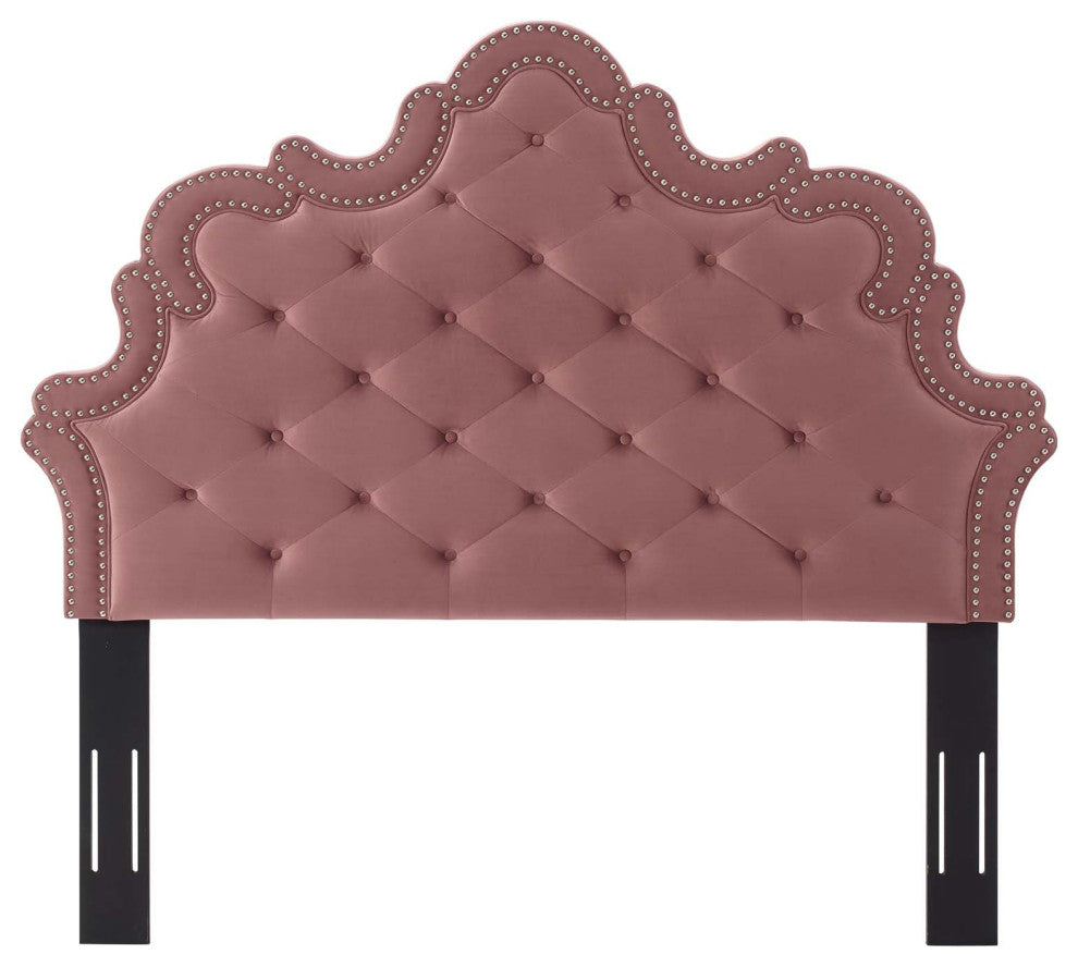 Tufted Headboard, Nailhead, King California, Pink, Velvet, Modern, Mid Century
