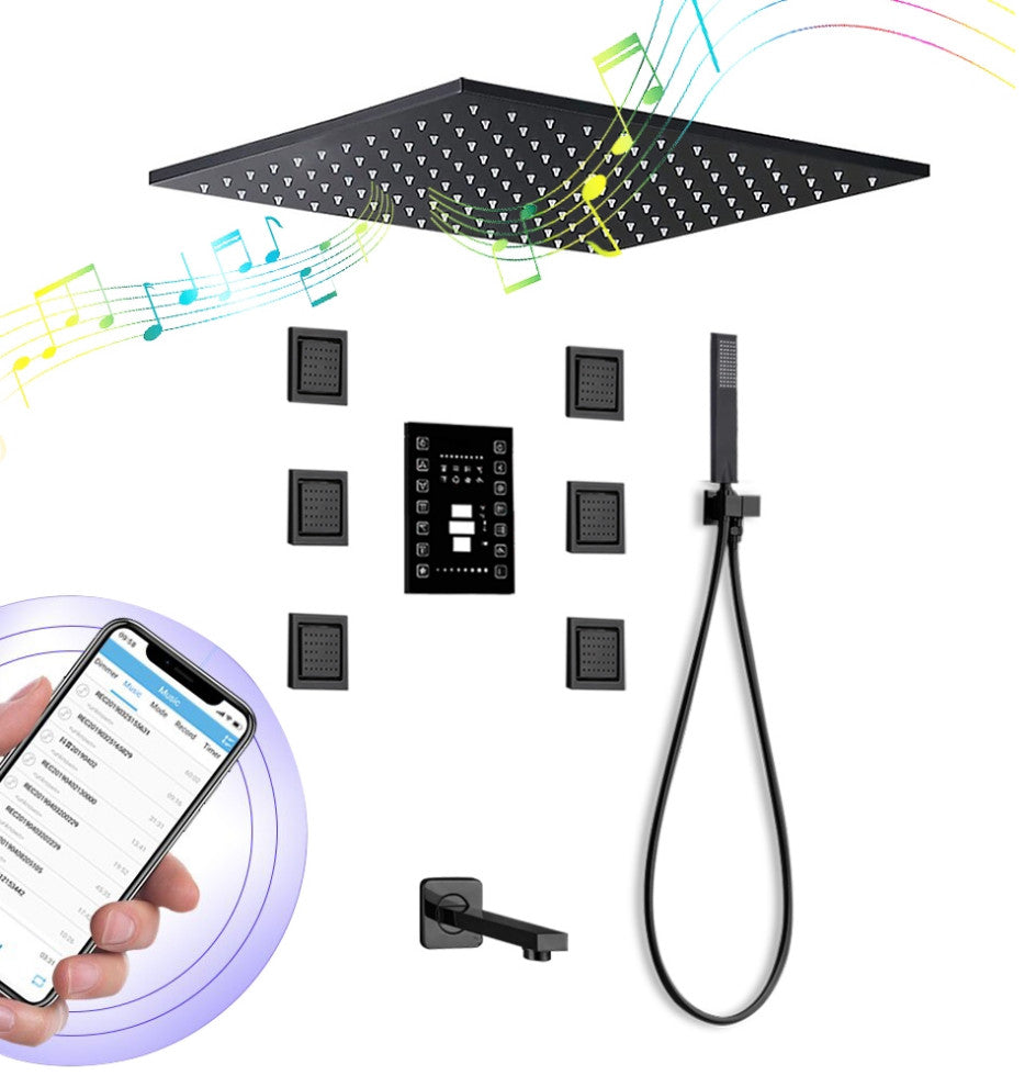Remote Controlled Musical Matte Black Ceiling Shower System and 6 Body Jets