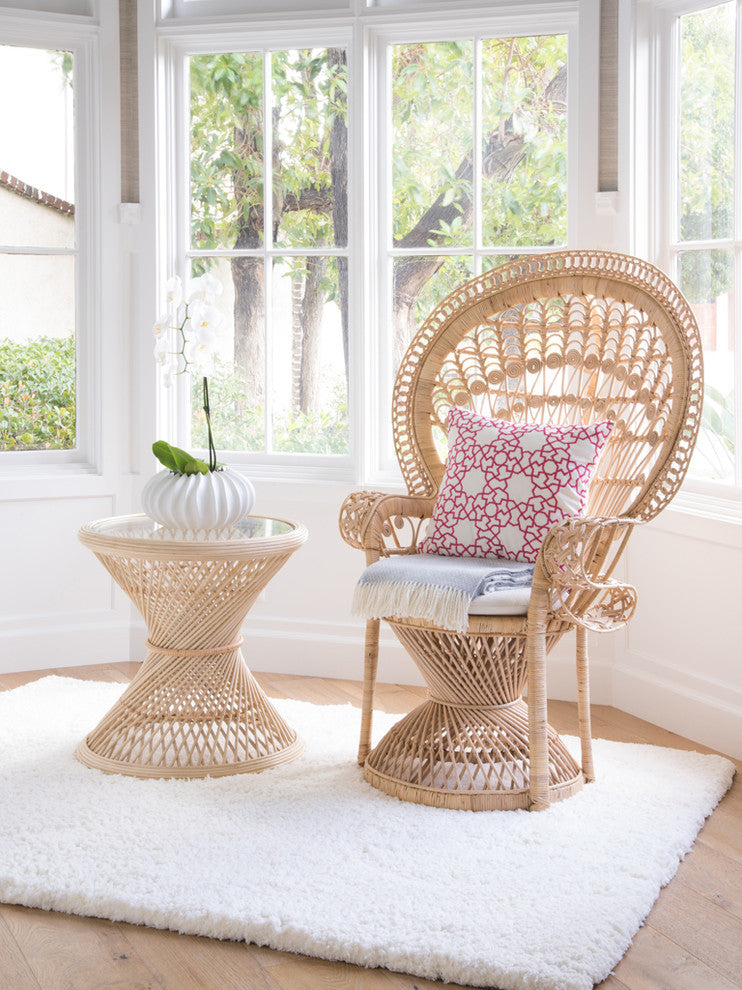 Peacock Rattan Side Table With Glass Top, Natural-Brown