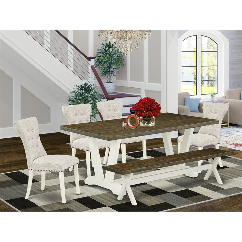 6-Piece Dinette Set, 4 Padded Chairs, Top and Wooden Legs Table and Wooden Bench