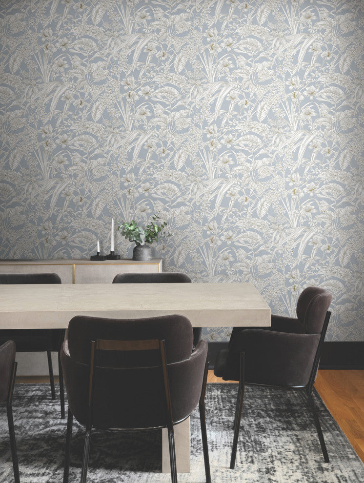 Orchid Conservatory Toile Blue and Taupe Wallpaper