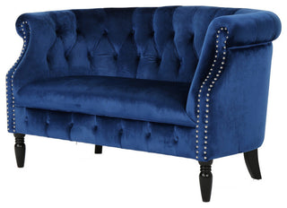 GDF Studio Melaina Tufted Scroll Arm New Velvet Loveseat, Navy Blue