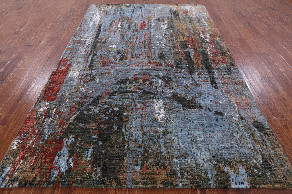 Bridge Design Modern Hand Knotted Wool and Silk Rug 6' 2" X 9' 2" Q6856