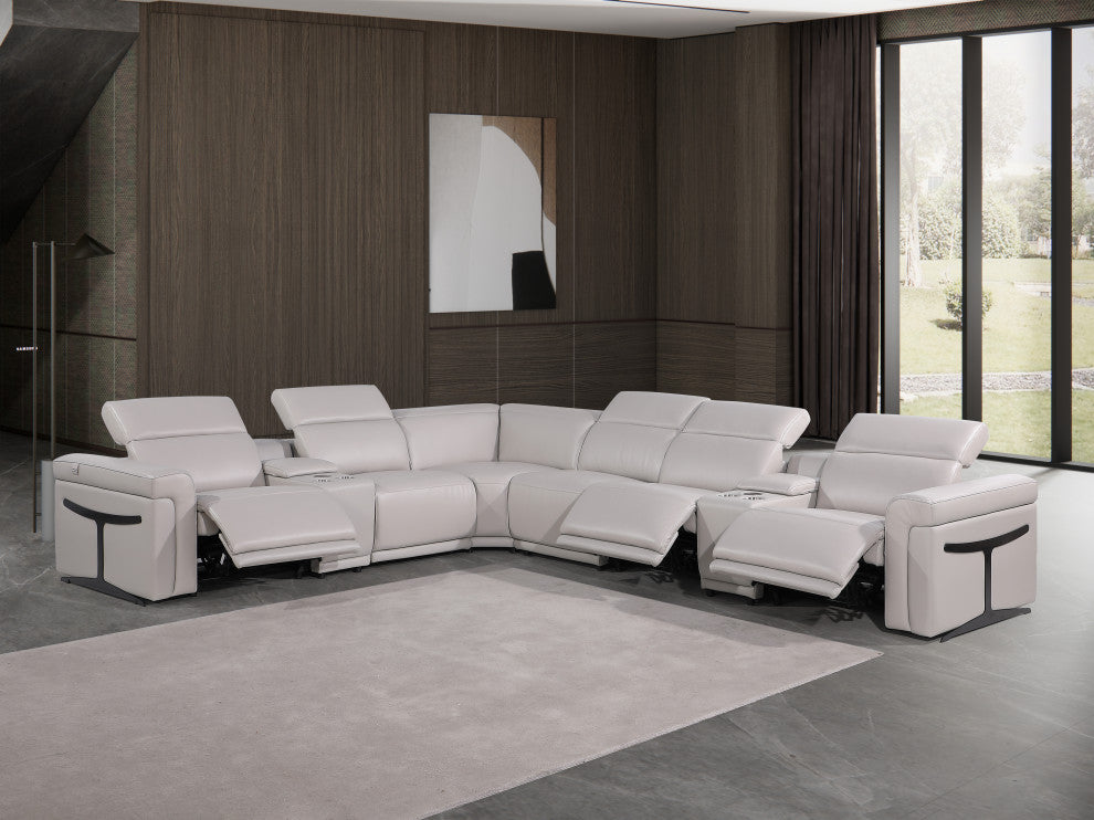 Giovanni 8-Piece 3-Power Reclining Italian Leather Sectional, Light Gray