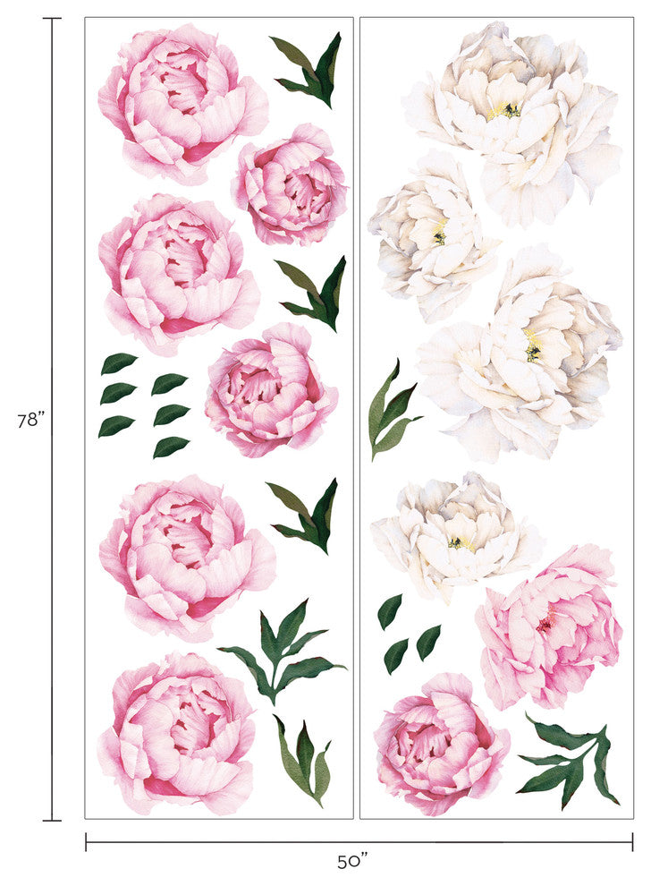 Peony Flowers Vinyl Wall Sticker, Large Set, Vivid Pink