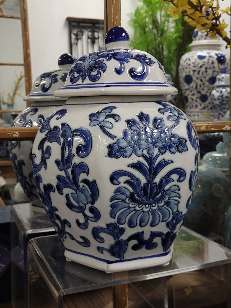 12" Blue and White Chinoiserie Ceramic Jar