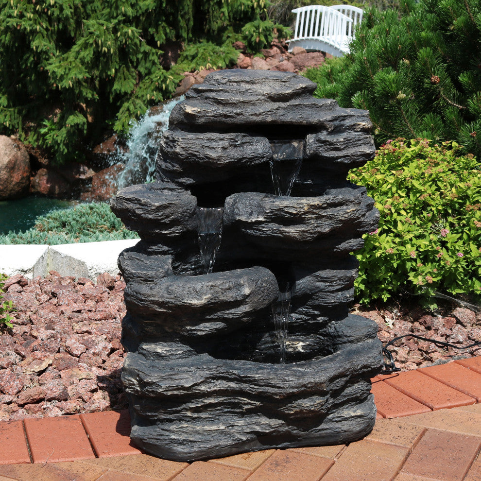 Sunnydaze Rock Falls Outdoor Waterfall Fountain With LED Lights, 24"