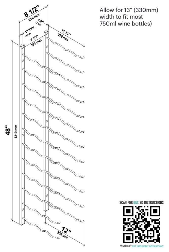 W Series Wine Rack 4 Wall Mounted Metal Bottle Storage, Matte Black, 36 Bottles (Triple Deep)