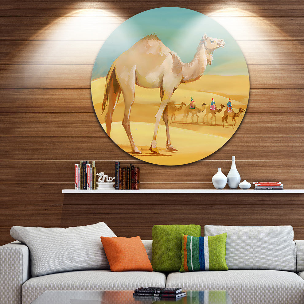 Camel Walking In Desert, Watercolor Animal Round Wall Art, 36"