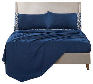 Serenta Lei Embroidered 4 Piece Bed Sheet Set, Navy Blue, King