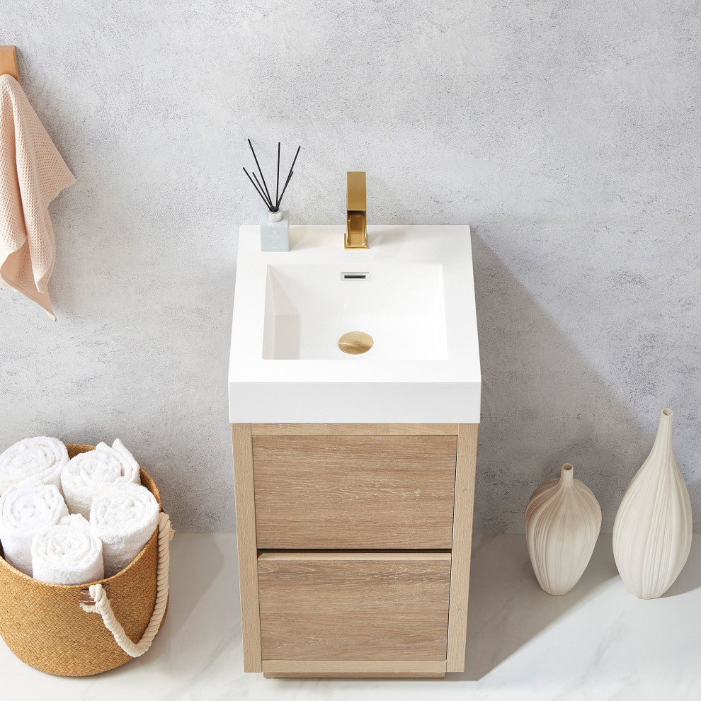 Huesca Bath Vanity, Integrated Sink Top, North American Oak, 18", Without Mirror