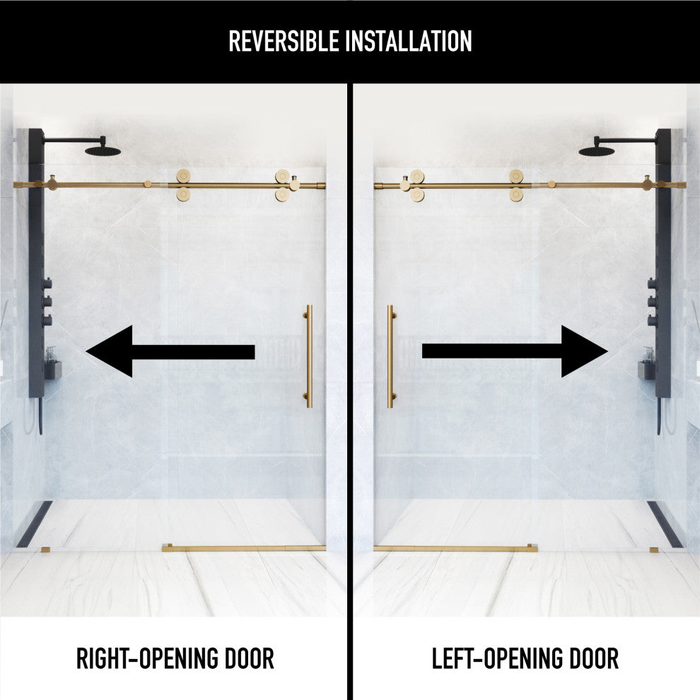VIGO Elan 56" to 60" W x 74" H Frameless Sliding Shower Door, Matte Gold, Clear Glass