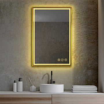 Fogless, Dimmable, Color Temperature Adjustable LED Mirror, Brush Gold, 24x36