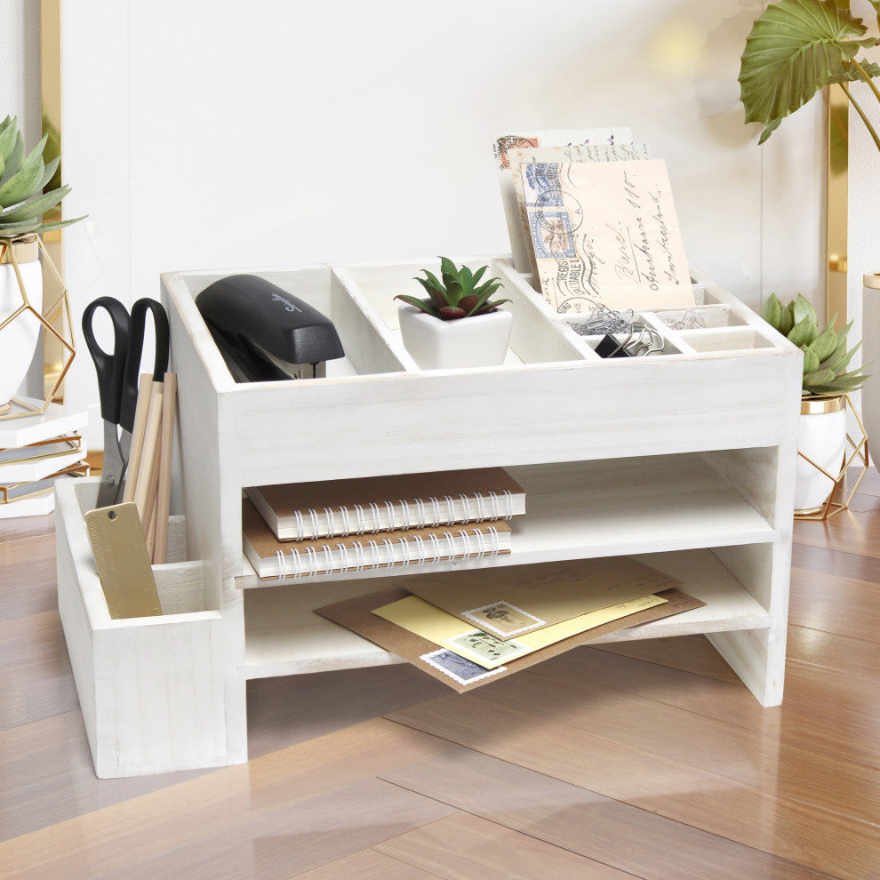 Office Tiered Desk Organizer With Storage Cubbies and Letter Tray, White Wash