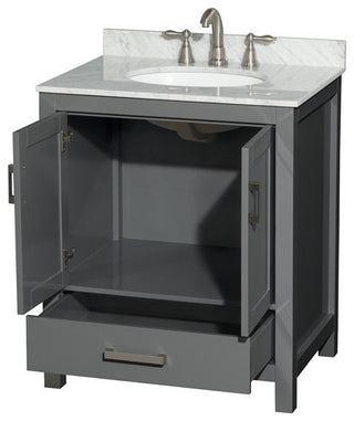 30" Single Vanity, Dark Gray, White Carrara Marble Top, Undermount Oval Sink