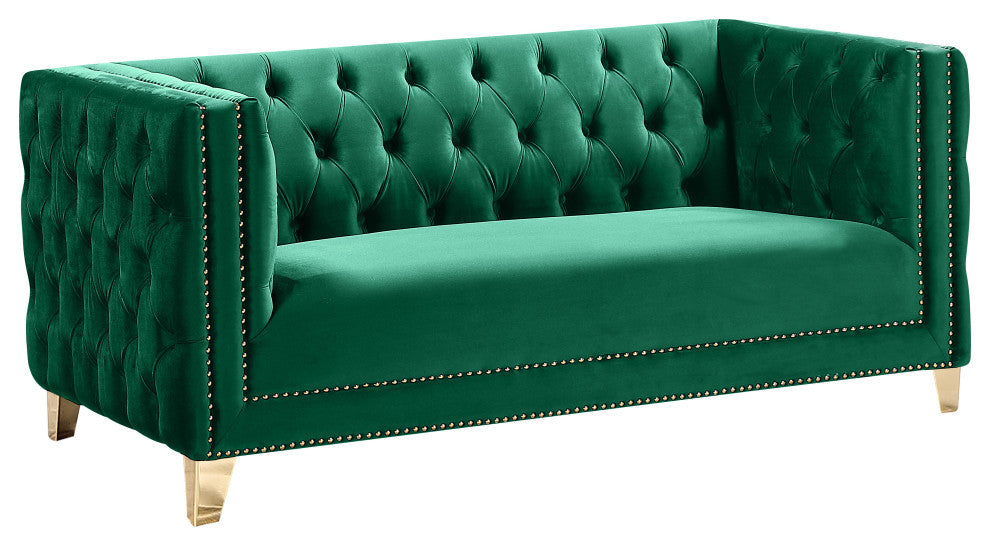 Michelle Fabric Upholstered Chair, Gold Iron Legs, Green, Velvet, Loveseat