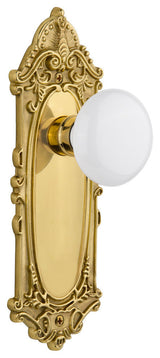 Victorian Plate Passage Poreclain Door Knob, Polished Brass