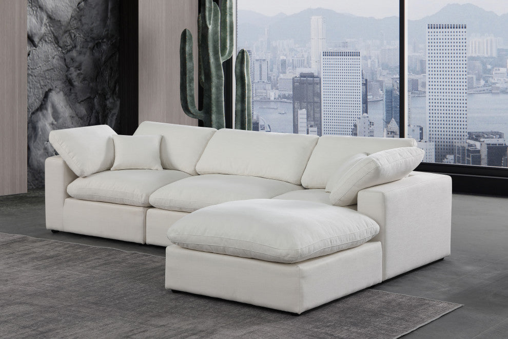 Comfy Upholstered L-Shaped Modular Sectional, Cream, 4-Piece: 1 Armless Chair, 2 Corner Chair, 1 Ottoman, Linen Textured Fabric