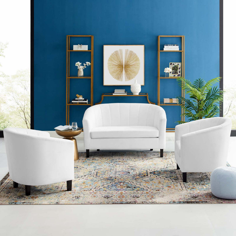 Tufted Armchair and Loveseat Sofa Set, Velvet, White, Modern, Lounge Hospitality